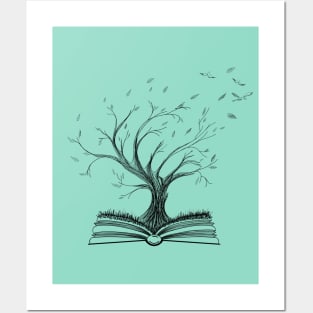 Life and Knowledge Tree Growing from Opened Book Posters and Art